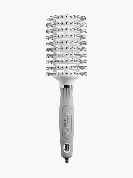 Ceramic + Ion Turbo Vent Pro Hair Brush in branded gray and white color way on light gray background